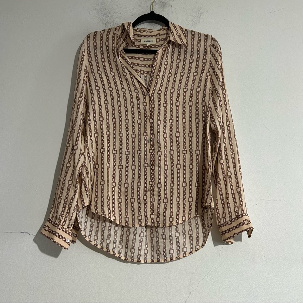 L'Agence Holly Chain Link Button Down Popover Long Sleeve Blouse Top Medium